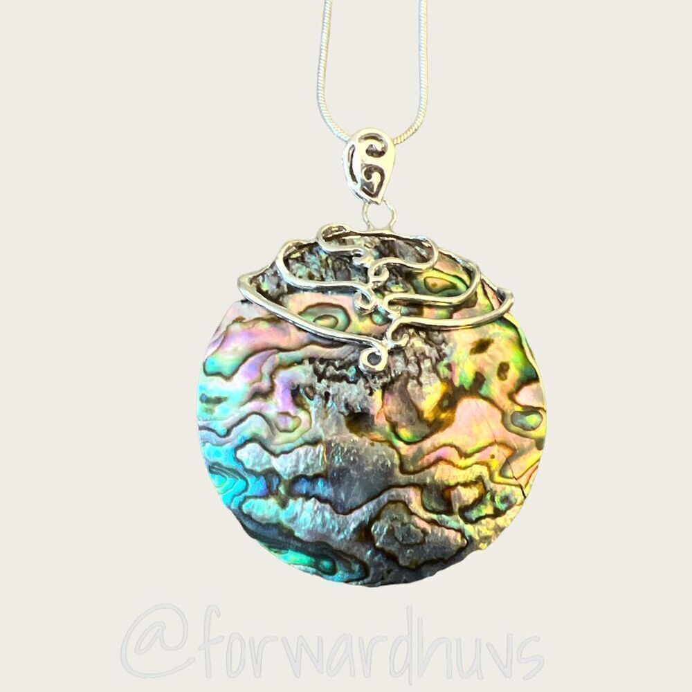 Abalone Shell Pendant Necklace on Silver Tone Chain